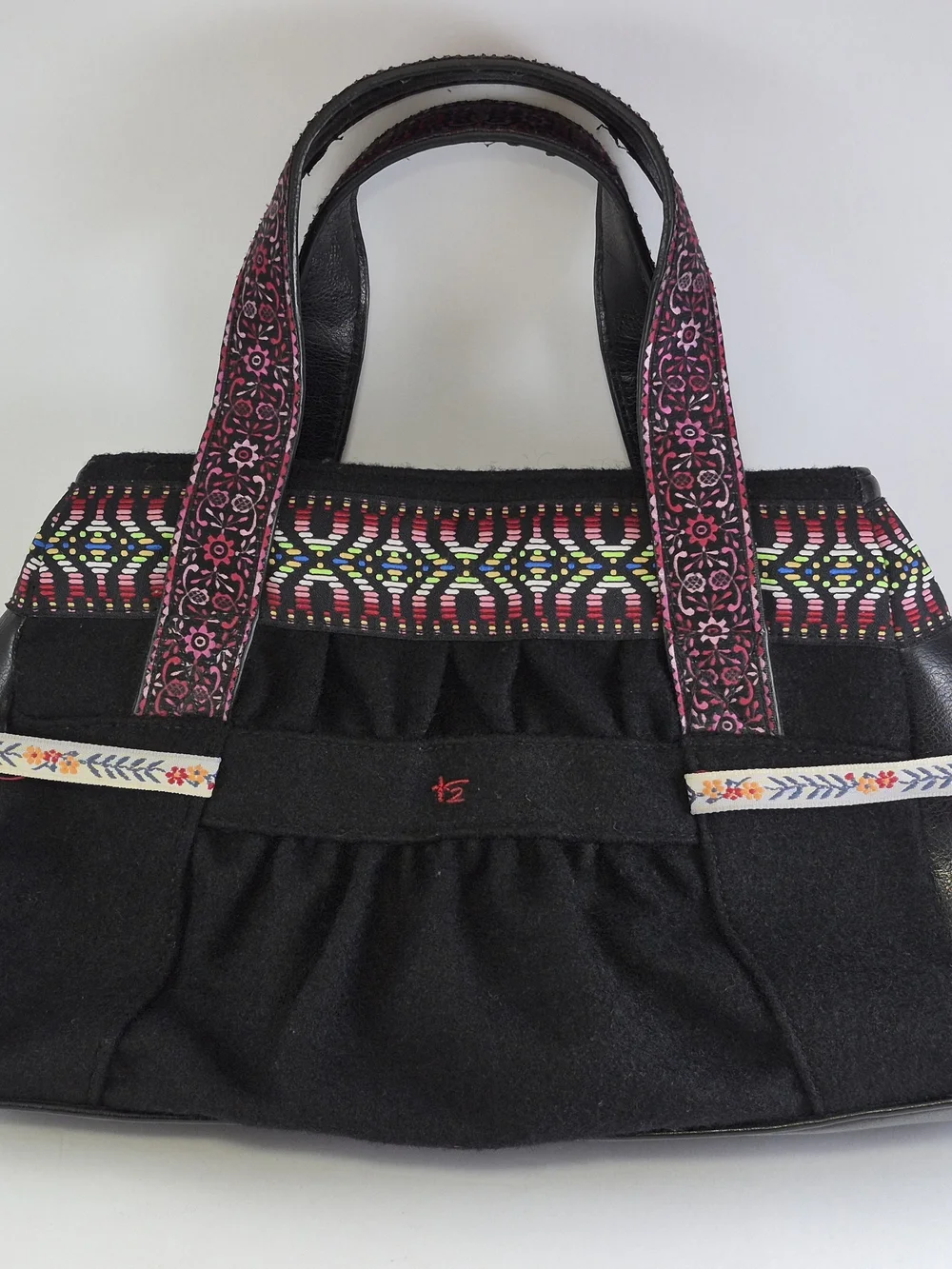 Vintage Embroidered Black Tote Bag with Pink Accent Straps